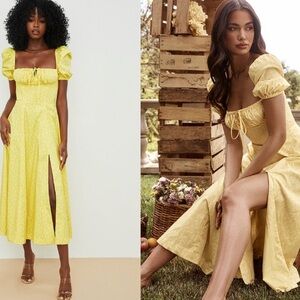 HOUSE OF CB 'Tallulah' Yellow Floral Puff Sleeve Midi Dress XS